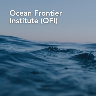 A picture of a wave, up close, with the words "Ocean Frontier Institute" written on top